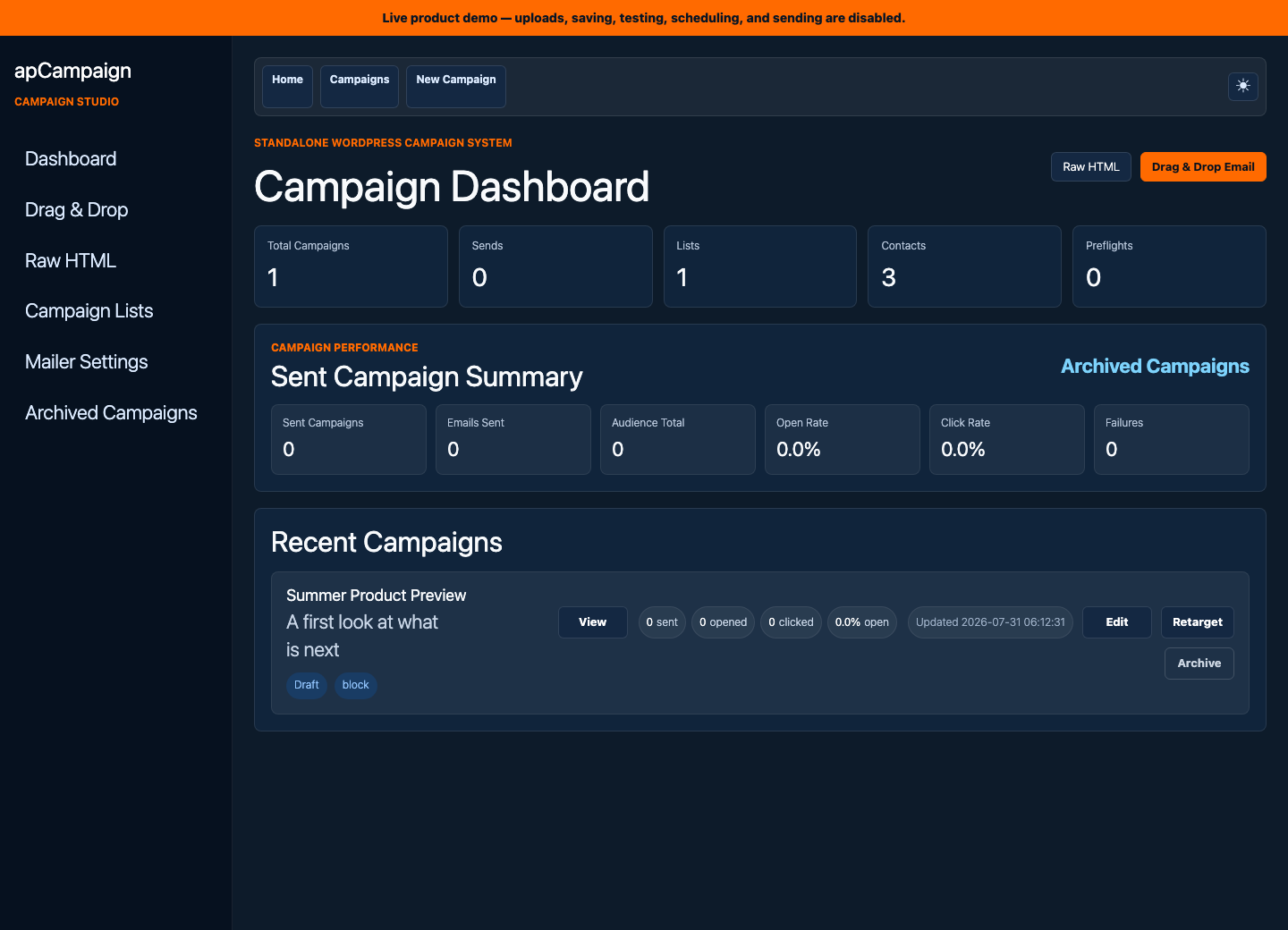 apCampaign campaign dashboard inside WordPress